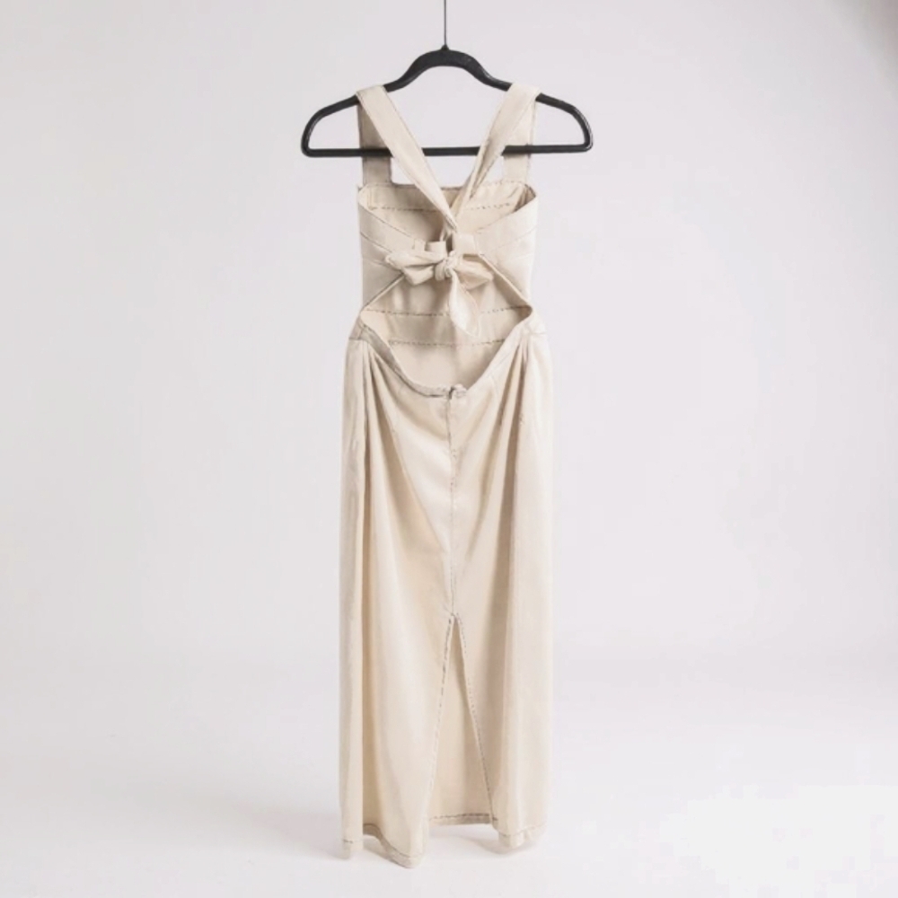 Future Collective Maxi Ivory Denim Bib Dress with Cute Bow Back - Picture 1 of 15